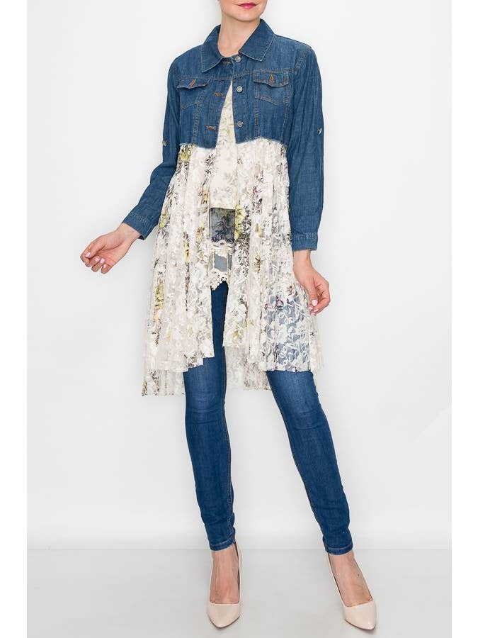 CROPPED DENIM JACKET WITH LACE LAYER-4510 DENIM/YR FL for wholesale on Faire