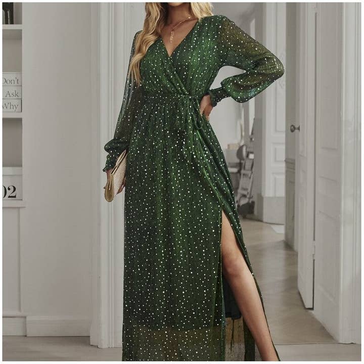 UZ Wholesale Store - Wholesale Jurk - Dames - Sprankelende Mesh Maxi Jurk Met Lange Mouwen En Zijsplit