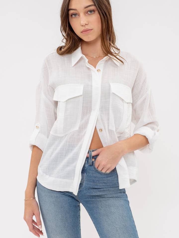 Blu Pepper - Wholesale Blouse - Women's - LIGHTWEIGHT COLLARED BUTTON DOWN 3/4 SLEEVE SHIRT