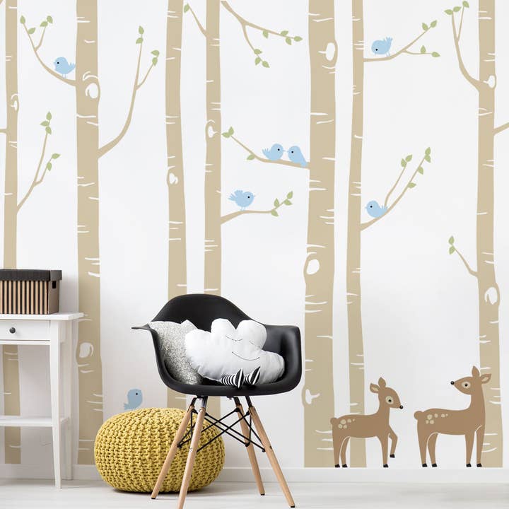 Birch Tree with Bird and Deer Wall Decal for wholesale by Simple Shapes