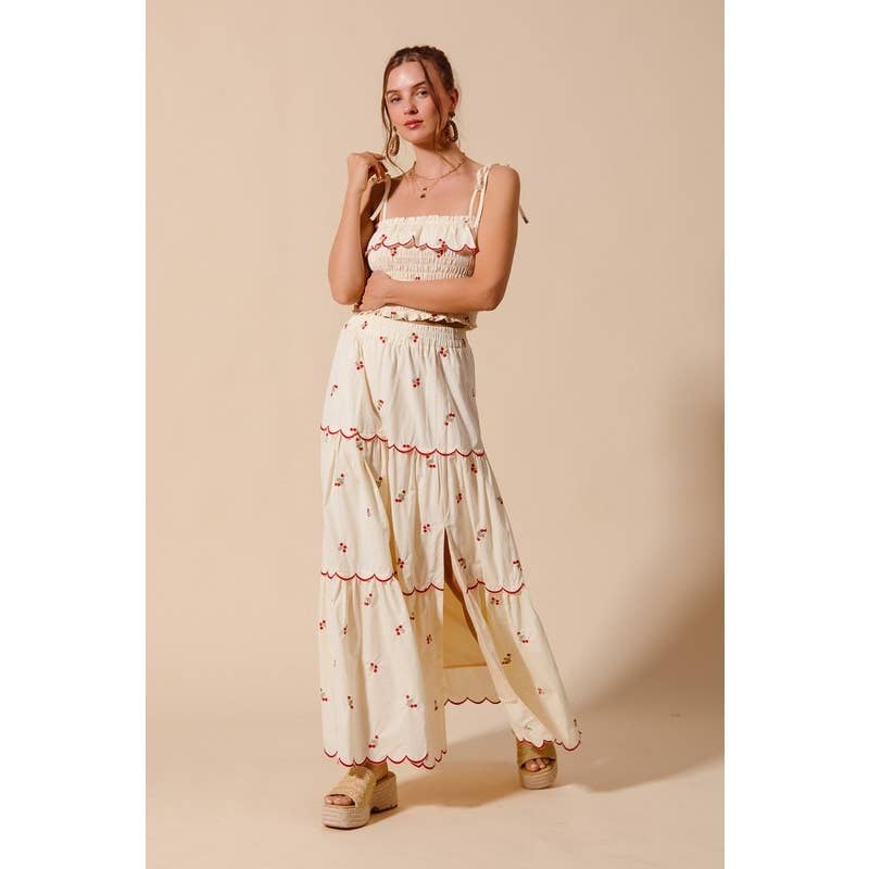 CREAM FLORAL EMBROIDERED SMOCKED TOP ELASTICIZED WAIST for wholesale on Faire2