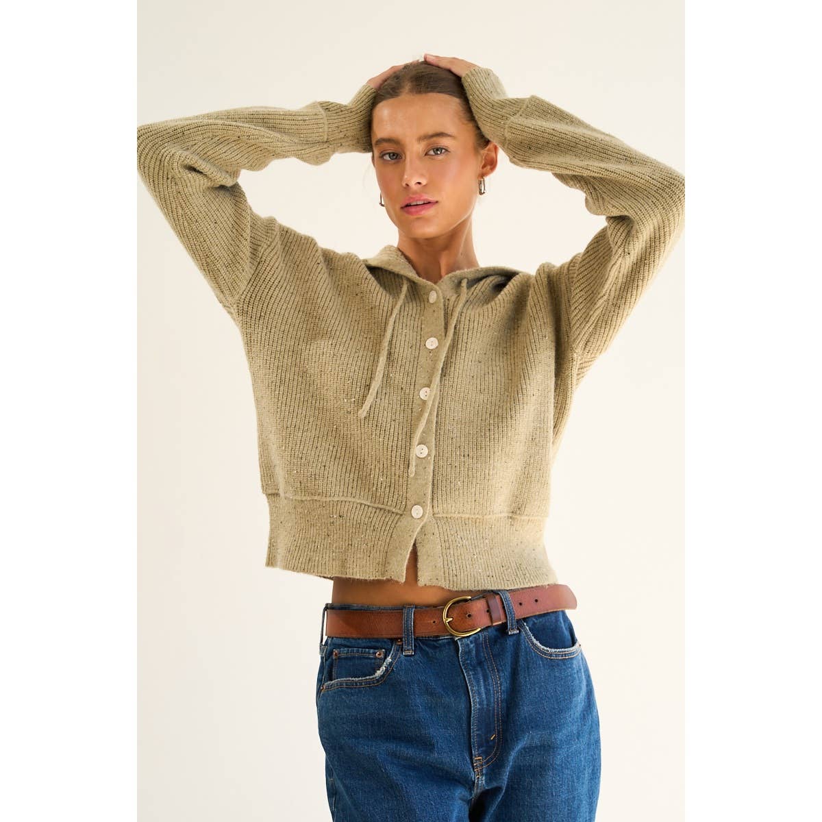 The GREii - Vente Pull en maille – femme - Cardigan à capuche en tricot moucheté avec boutons2