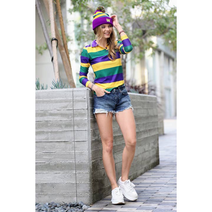 ONE COLOR .SI-23925 Mardi Gras PomPom Embroidered Beanie for wholesale on Faire