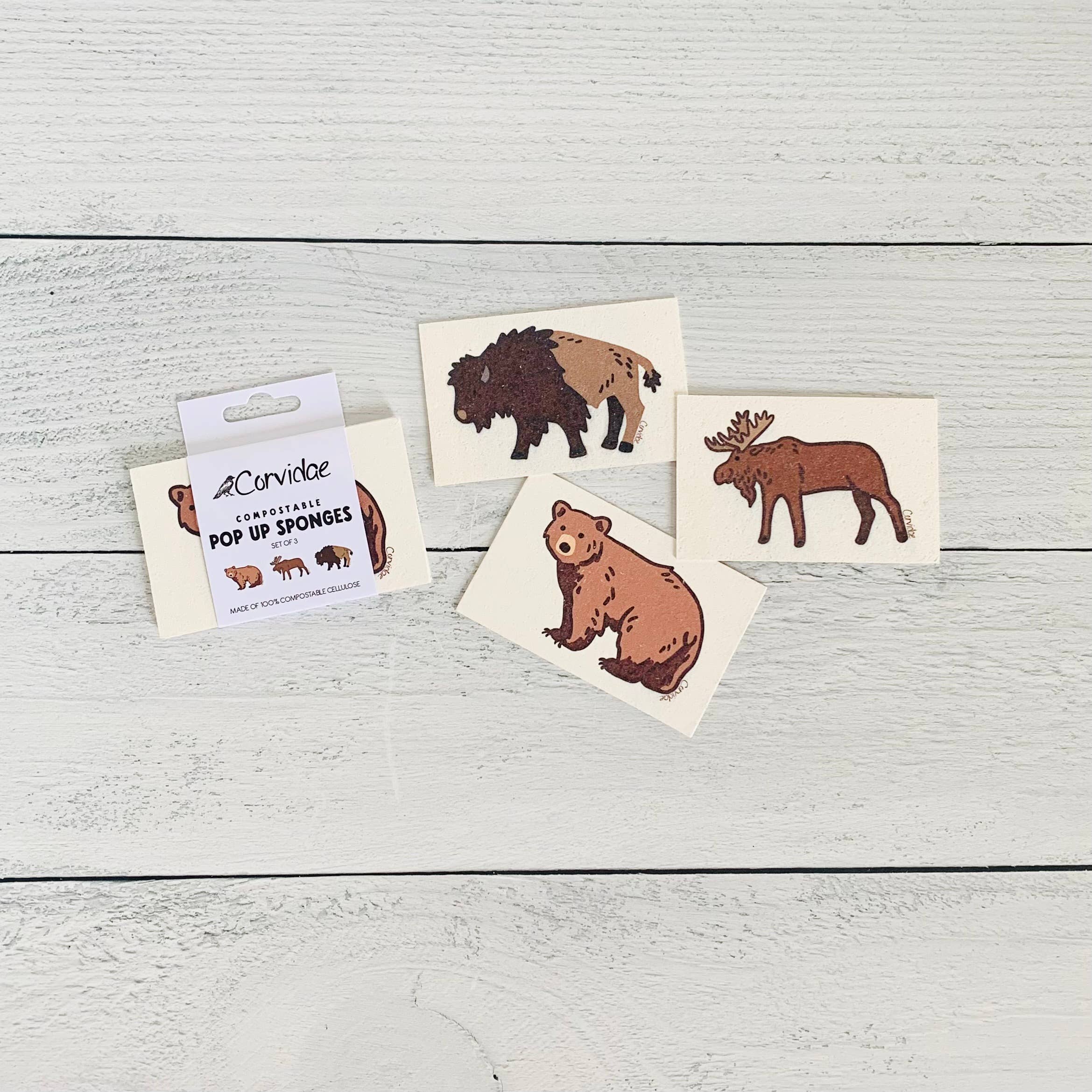 Corvidae drawings & designs – Engroshandel Rengøringssvamp – Bear Moose Bison Komposterbar Pop Up Sponge - sæt med 31