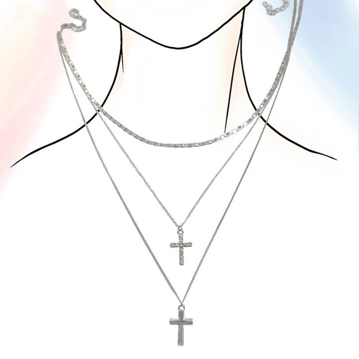 Silver MULTI LAYER DOUBLE CROSS RHINESTONE NECKLACE | 80N1056 for wholesale on Faire