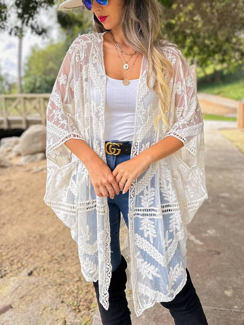 Ivory Floral Lace Sheer Dressy Kimono Cover Up for wholesale on Faire1