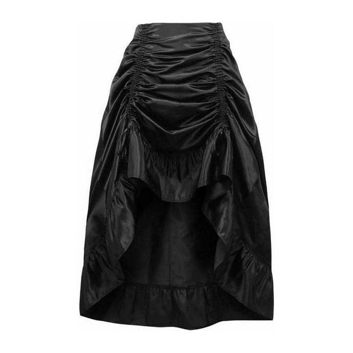 Black Satin Hi Low Ruched Ruffle Skirt for wholesale by Daisy Corsets