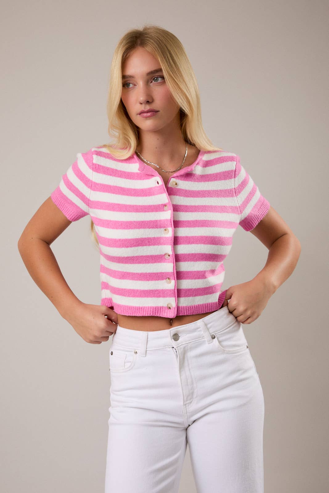 LE LIS - Wholesale Knit Sweater - Women's - SHORT SLEEVE ROUND NECK STRIPED SOFT SWEATER CROP TOP6