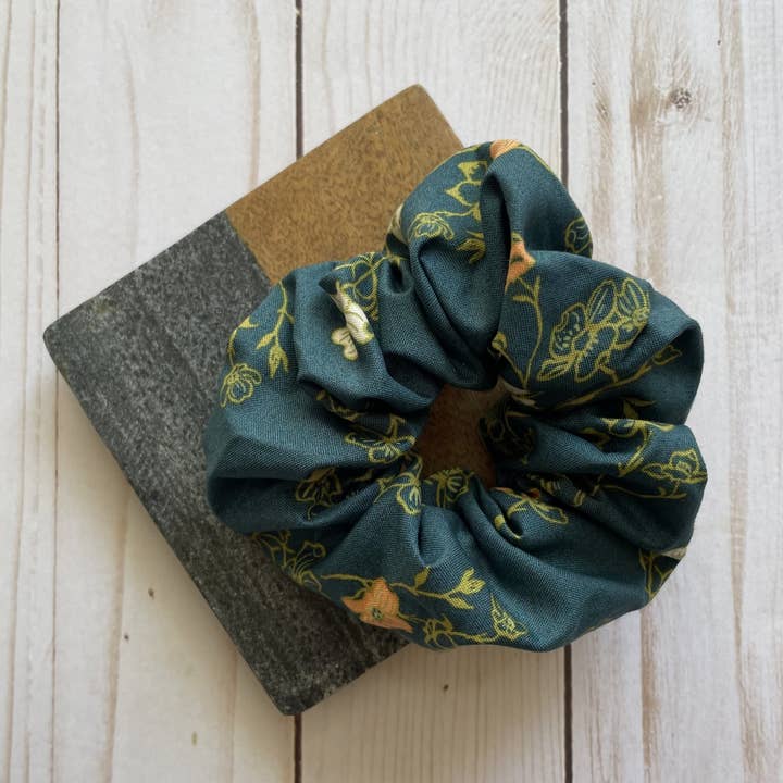 QuietJoy - Wholesale Scrunchie - Women’s - Teal with Peach Flowers Cotton Handmade Scrunchie