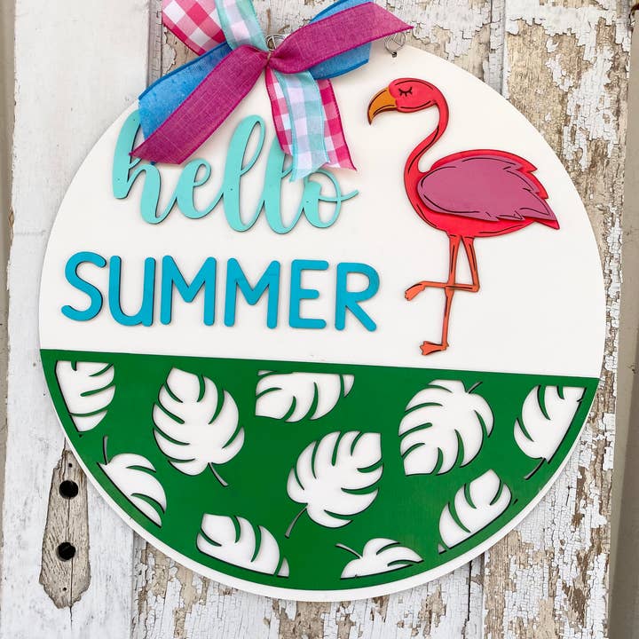 Summer Door Hanger, Flamingo Hello Summer Round for wholesale by Vick Crafts