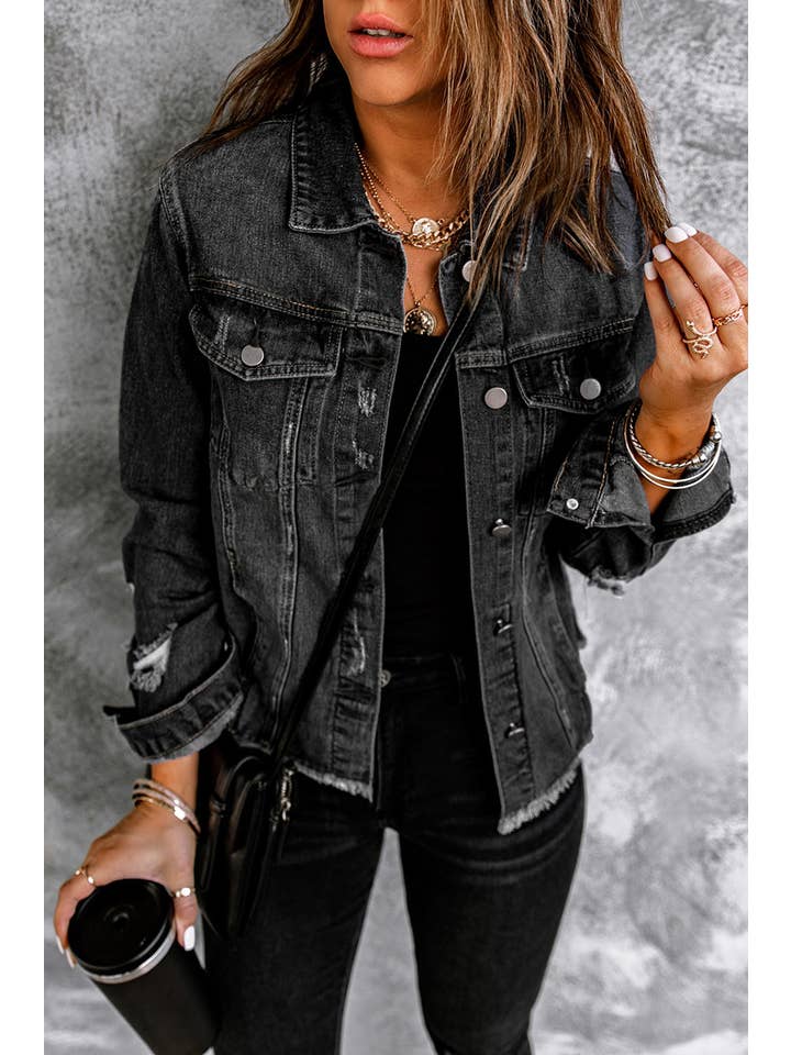 1 the Woman - Wholesale Denim Jacket - Women's - Lapel Distressed Raw Hem Buttons Denim Jacket4