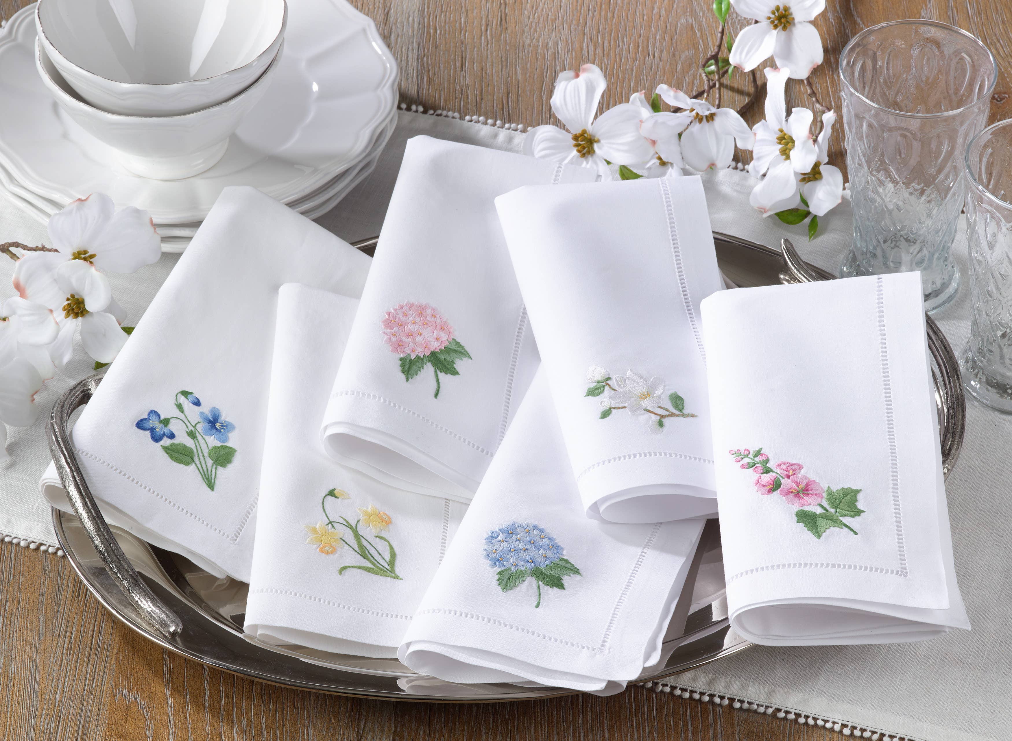 White Embr'd Pink Hydrangea Hemstitch Napkin for wholesale on Faire1