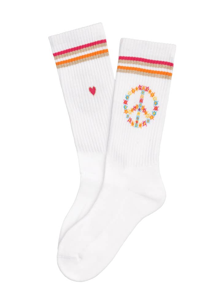 Chaussettes enfants Love and Peace avec symbole de paix fleuri pour la vente par LOONES