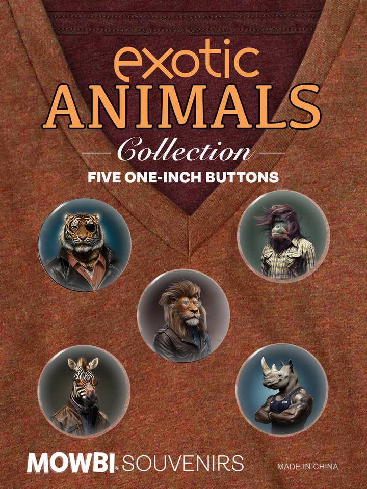 Zoo Animals Button Collection #6 – Noble Beasts – Tiger, Orangutan, Lion, Kangaroo, & Rhinoceros for wholesale by Mowbi Souvenir