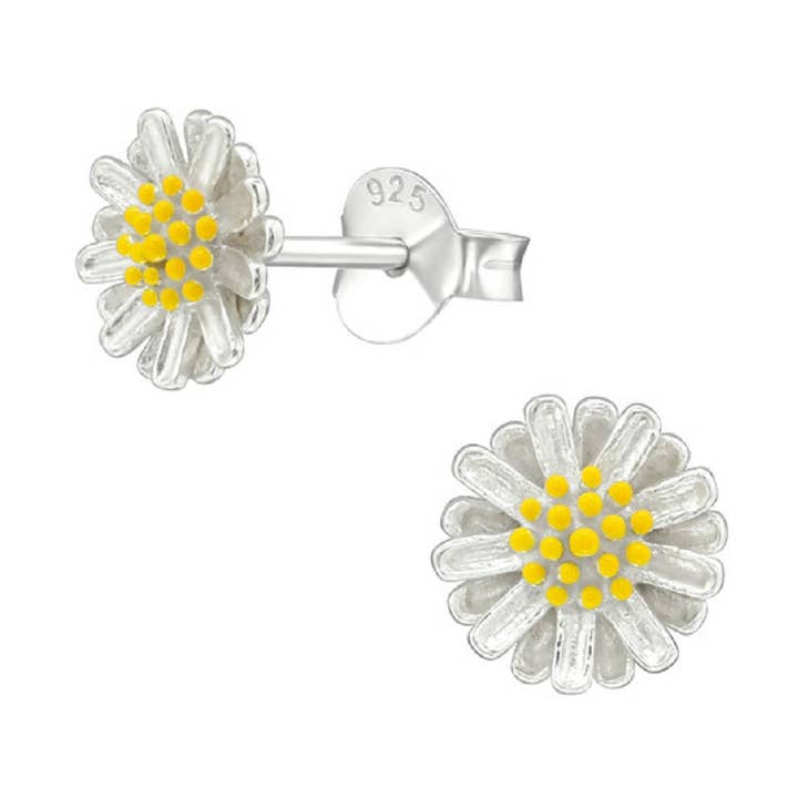 Orecchini per bambini a forma di margherita gialla brillante da 7 mm in argento Sterling 925 per la vendita all'ingrosso da parte di LIV & LENN