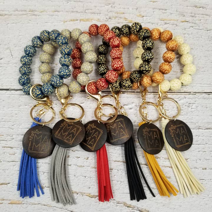 Porte-clés MAMA avec perles en bois de léopard pour la vente par Treasure Wholesale