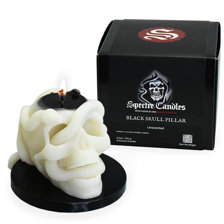 8.5oz Black Skull Pillar Color Change Unscented Candle for wholesale by Spectre Candles