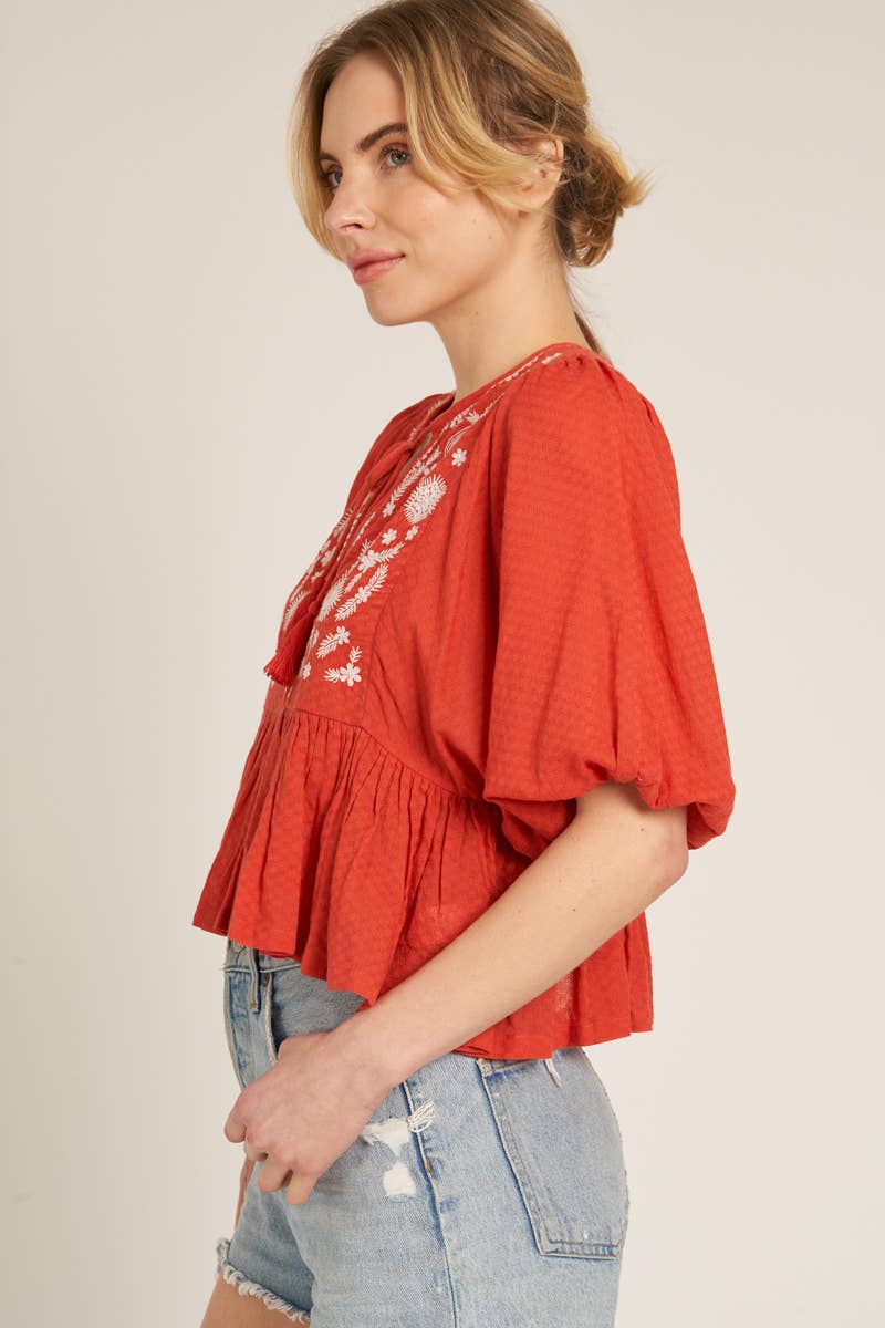 En Crème - Wholesale Blouse - Women's - Puff Sleeve Peplum Top with Embroidery Detail12