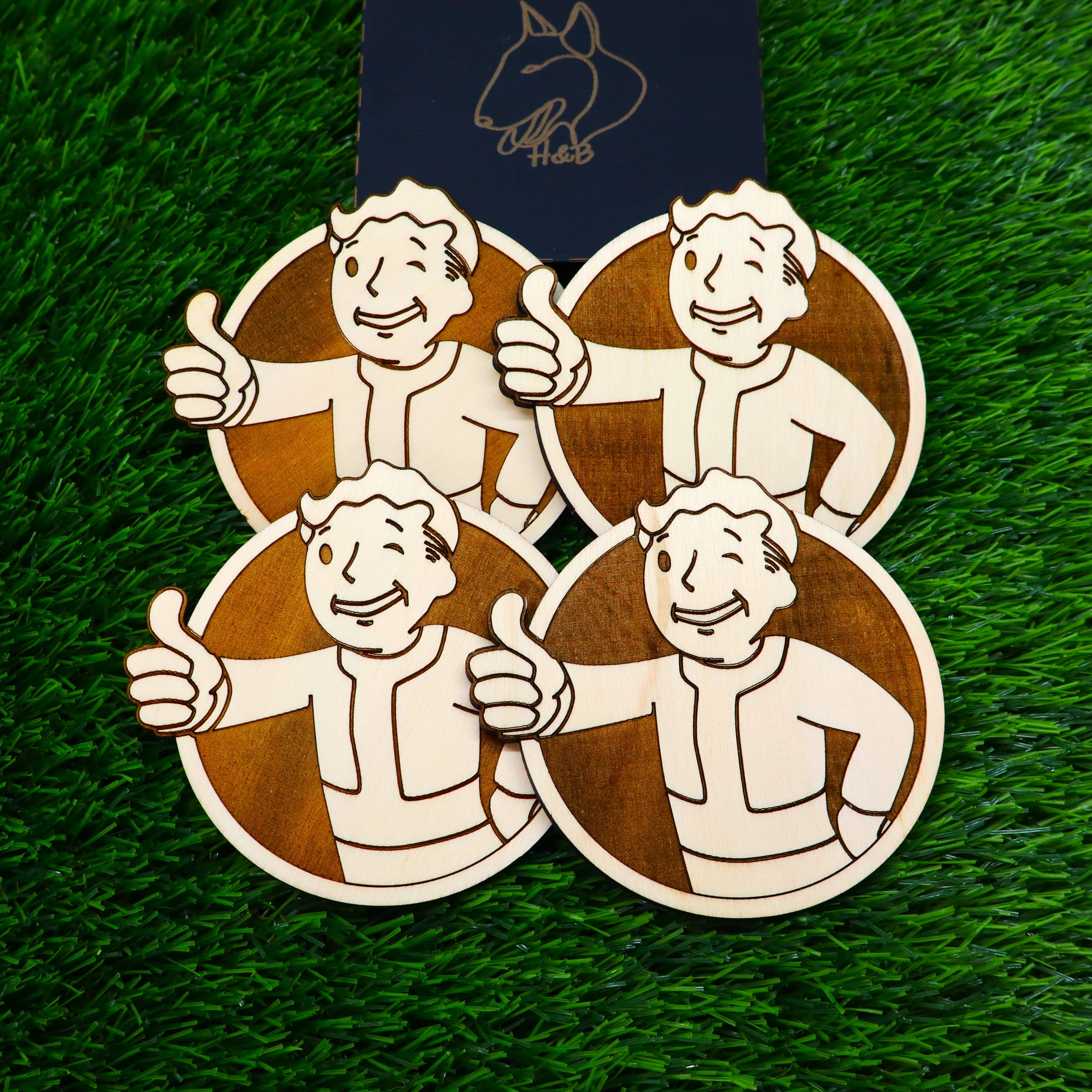 Herbs&Belles – Base de copos por atacado – Porta-copos de Madeira Fallout, Vault Boy Louco, Presente Geek Decoração de Casa7