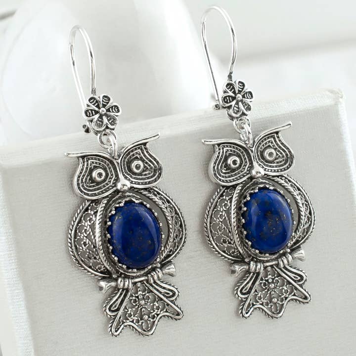 Filigranist Jewelry - Wholesale Dangle Earrings - Filigree Art Owl Design Lapis Lazuli Gemstone Women Dangle Drop Silver Earrings7
