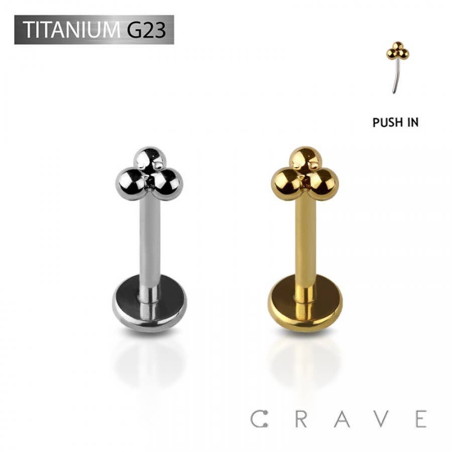TITANIO ORO-16GA (1,2MM)-1/4" (6MM)-3MM Labret senza filetto in titanio con tripla pallina, modello a pressione in vendita all'ingrosso su Faire