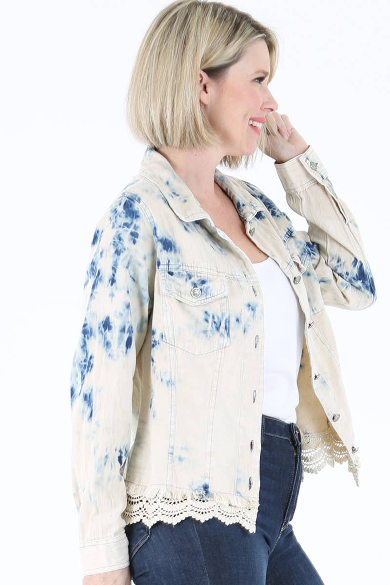 E2T83-ASIS BLEACH TIE DYE WASH DENIM JACKET WITH LACE HEM for wholesale on Faire9