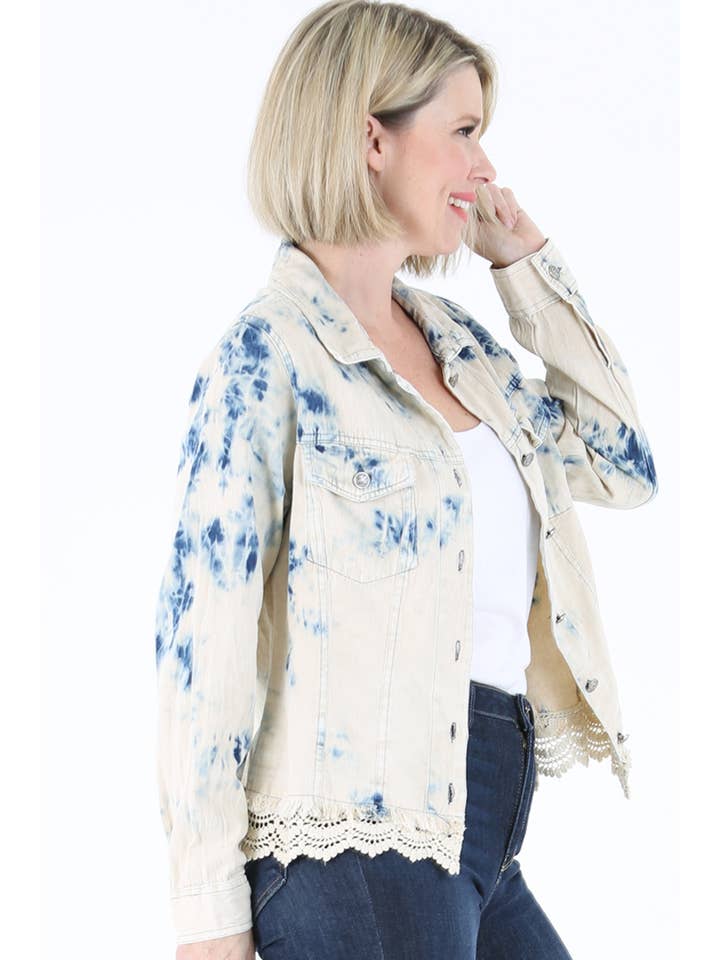 E2T83-ASIS BLEACH TIE DYE WASH DENIM JACKET WITH LACE HEM for wholesale on Faire9