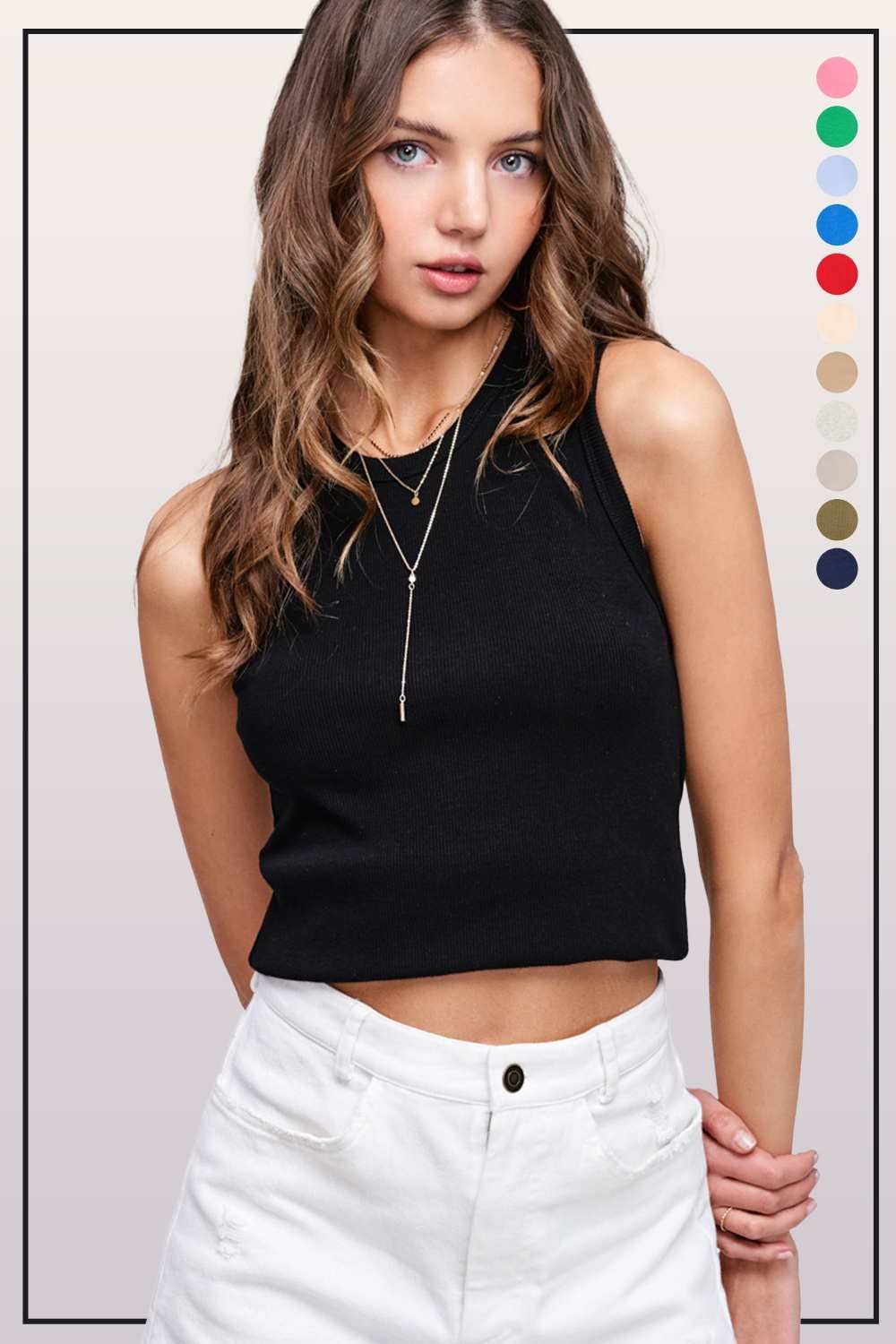 La Miel - Wholesale Tank Top - Women's - HUT7340-Stretchy Basic Ribbed Sleeveless Crew Neck Top10