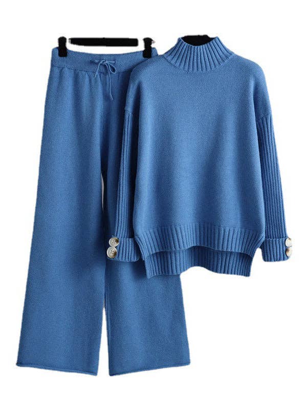 Plush Looks - Wholesale Top & Pant Set (NOT Loungewear) - Women's - Urban Long Sleeve Half Turtleneck Sweater Wide Leg Pants1