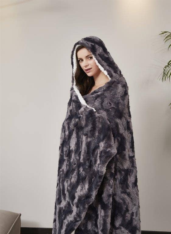 Duke Imports - Wholesale Throw Blanket - "Brushed Slate" Faux Fur Plush Hooded Throw Blanket3