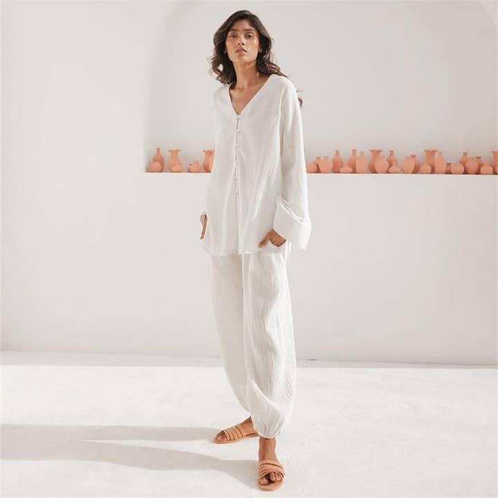 FurDecoration - Wholesale Sleepwear Set - Women's - Cotton Two-Piece Long Women's Casual and Loose Pajama Set