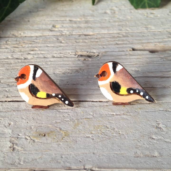 Wooden Goldfinch Earrings for wholesale by Daffodil