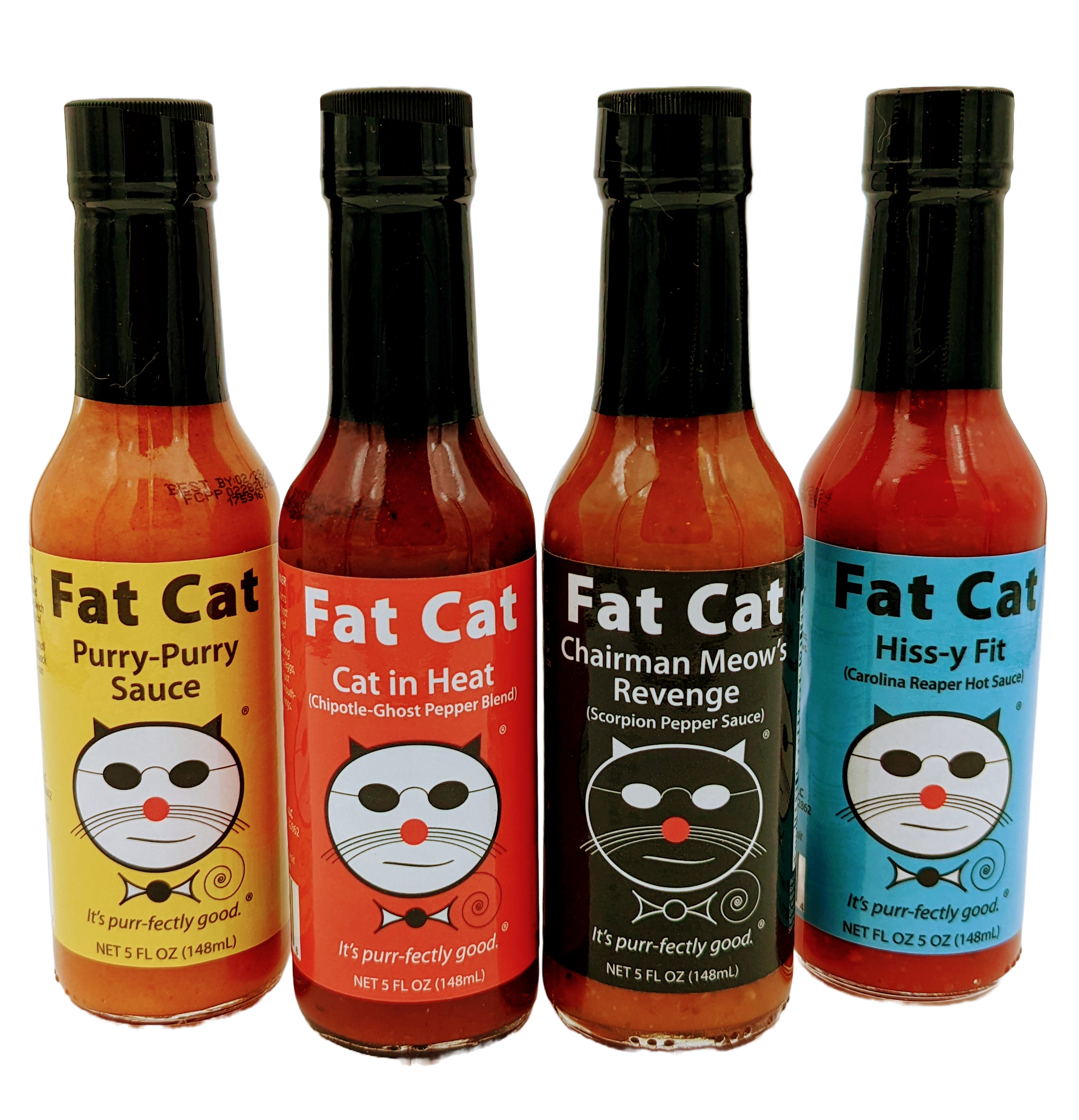 Coffret cadeau sauce piquante - Ensemble de 4 bouteilles de sauce piquante  « Funny Cat Name » en vente B2B pour votre magasin – Faire France
