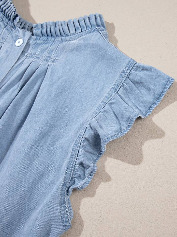 Blue Frilly Pleated Button Back Retro Chambray Top for wholesale on Faire7