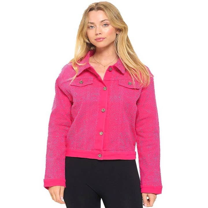 Bling Black Rhinestone Attached Fuchsia Denim Jacket for wholesale by Diacly