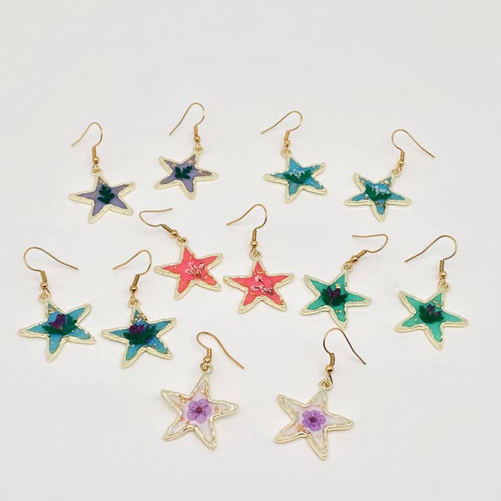 Floral Stars Pressed Dried Flowers Dangle Earrings - PDF for wholesale by Mio Queena