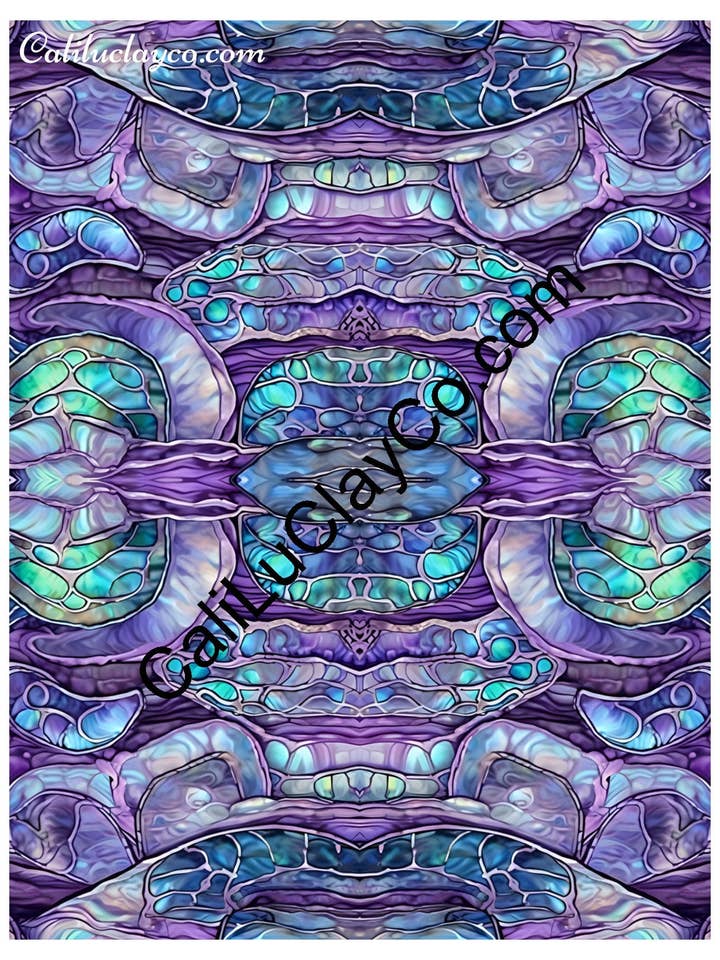 Pierres violettes et sarcelles #18 Version miroir #2 Feuille de transfert soluble dans l'eau en argile polymère / Papier tatouage pour la vente par CaliLu Clay Co.