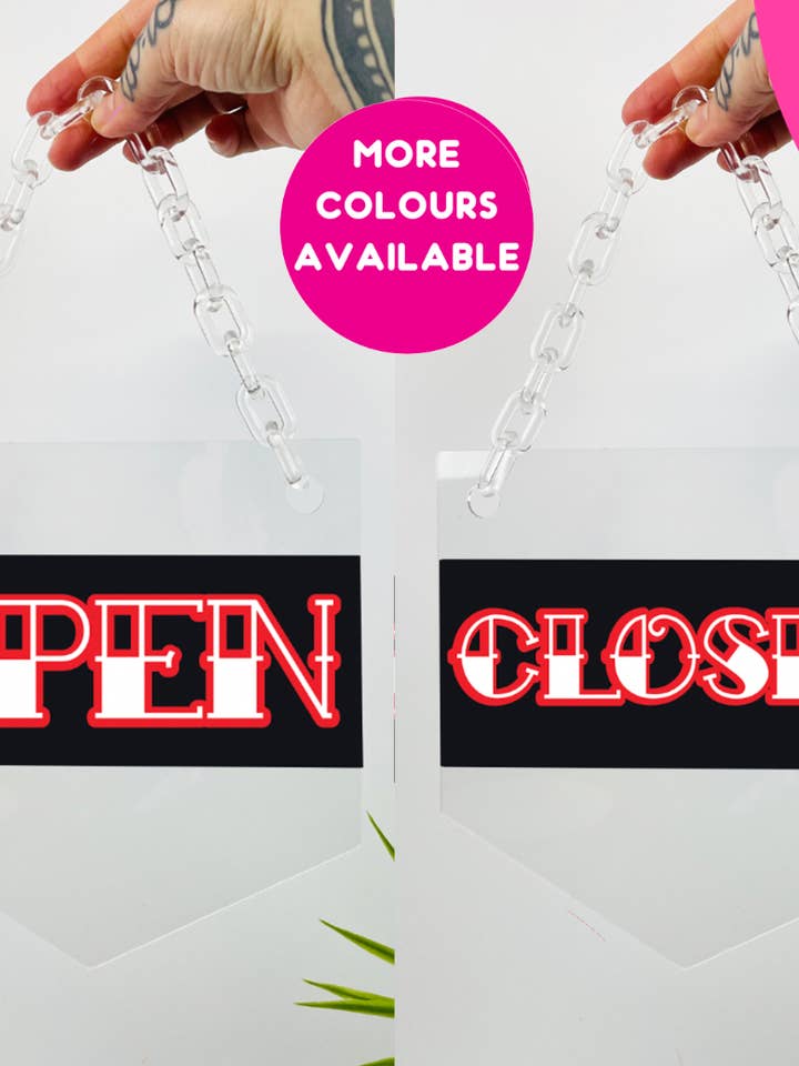 Double sided open and closed tattoo sign clear acrylic banner with acrylic chain for wholesale by Buba Goods