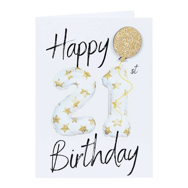 21st Birthday Card embellished with a Gold Glitter Balloon for wholesale by Lil's Cards