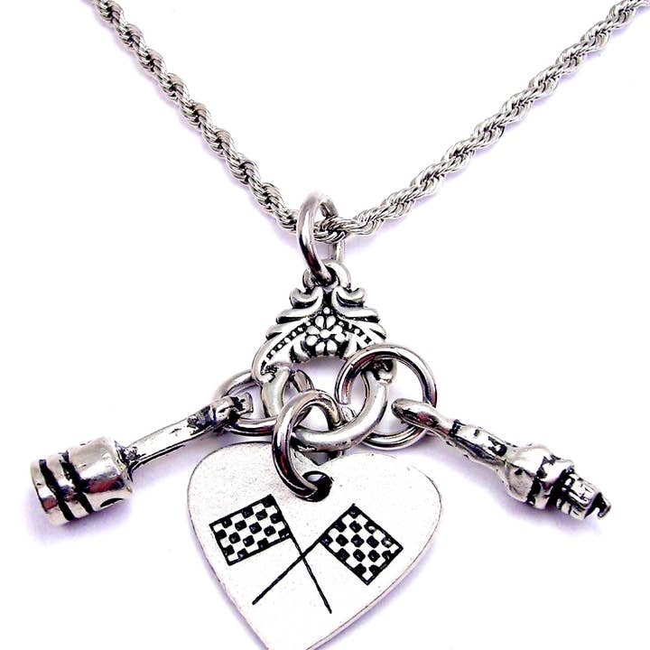 Piston spark plug race flags Charm Holder Necklace for wholesale by Chubby Chico Charms