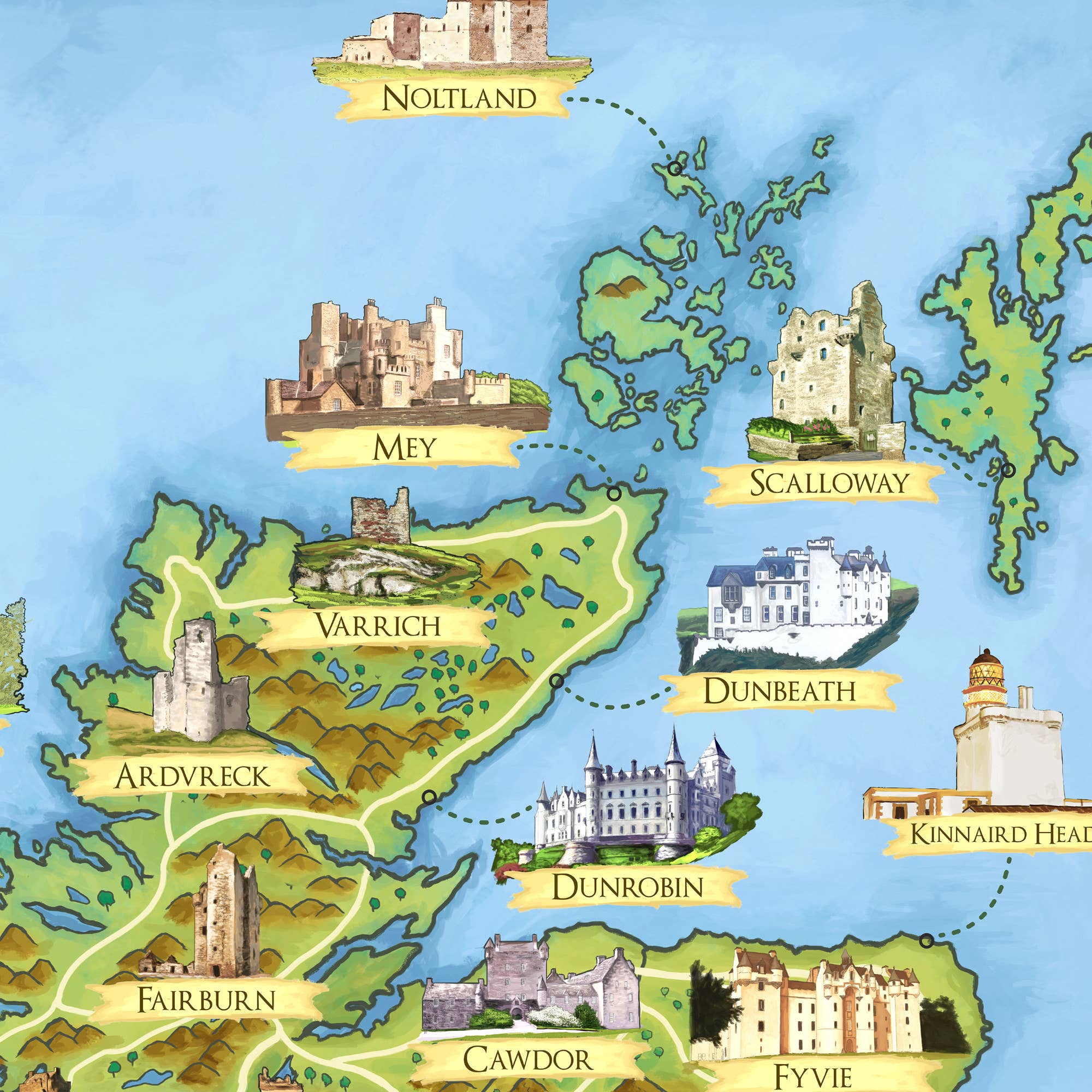 Printagonist – wholesale Poster – Scottish Castles - Illustrated Map -  Scotland Print Poster2