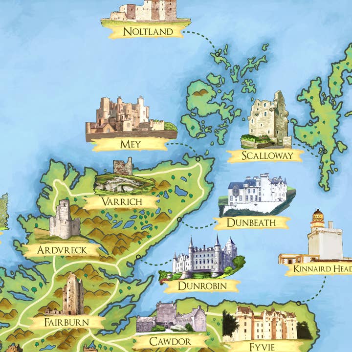 Printagonist – wholesale Poster – Scottish Castles - Illustrated Map - Scotland Print Poster2