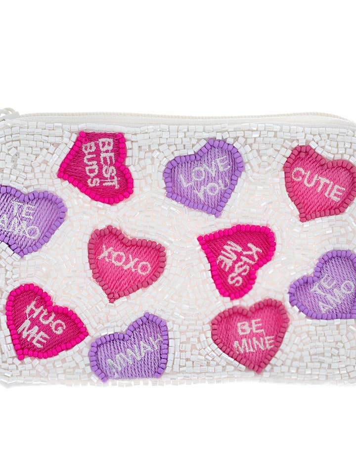 Conversation Hearts Beaded Zipper Coin Bag for wholesale by SP Sophia Collection