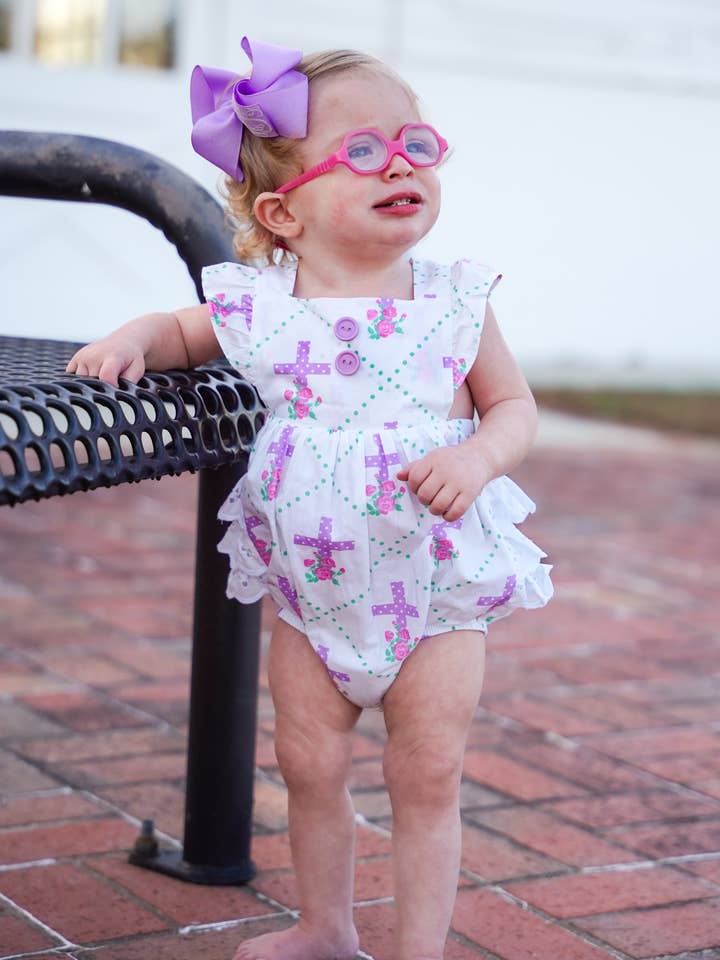 Posh Pickle – wholesale Bodysuit (non-footed) – Baby – Grace Cross Print Eyelet Ruffled Bubble2