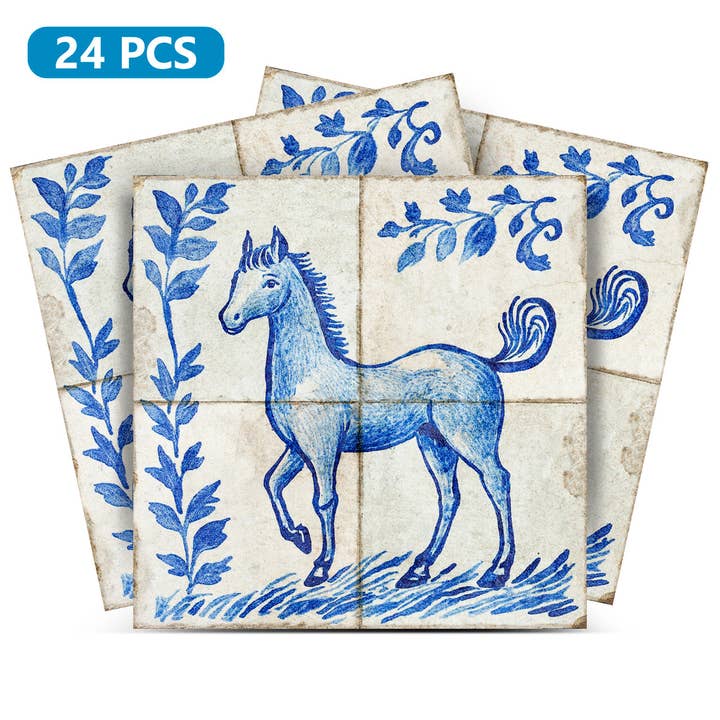 Autocolantes de Azulejos Delft Cavalo Azul Design Vintage Autocolar para Renovação de Cozinha Modelo - D40 por atacado de Mi Alma LLC