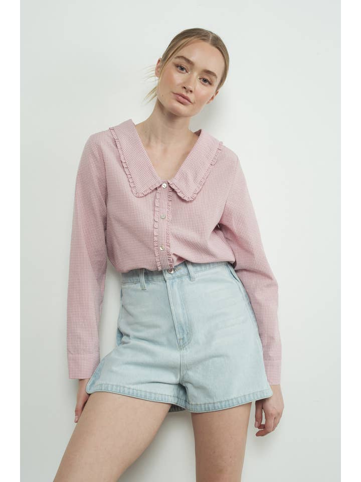 Aaron & Amber - Wholesale Blouse - Women's - MAT3099 CHECKED RUFFLE EDGE COLLAR BUTTONDOWN BLOUSE2