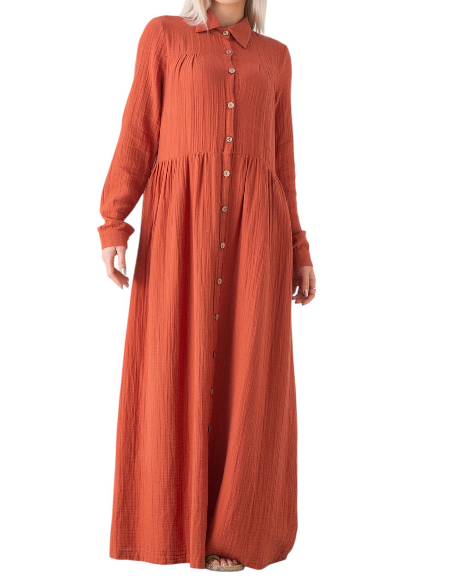 WENOR - Vente Robe – femme - Robe d'été longue en mousseline 100 % coton avec patte de boutonnage, 145 cm24