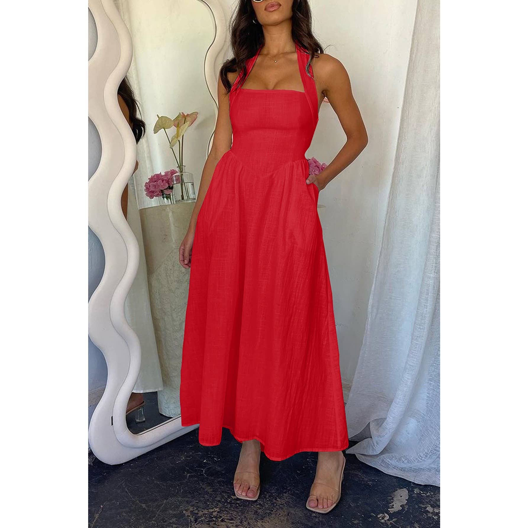 Supreme Fashion - Venta al por mayor Vestido - Mujer - Vestido largo línea A sin mangas con cuello halter y bolsillos7