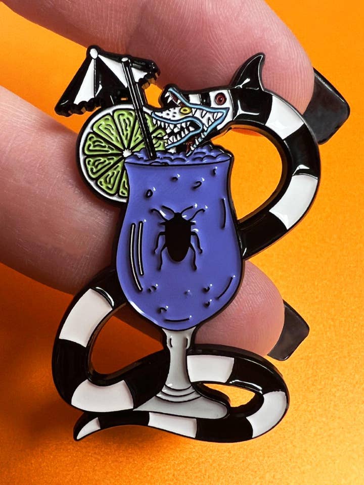 Summerween Pin, Halloween Beetlejuice Sandworm, Tiki Drink for wholesale by Carrie Anne Hudson Art