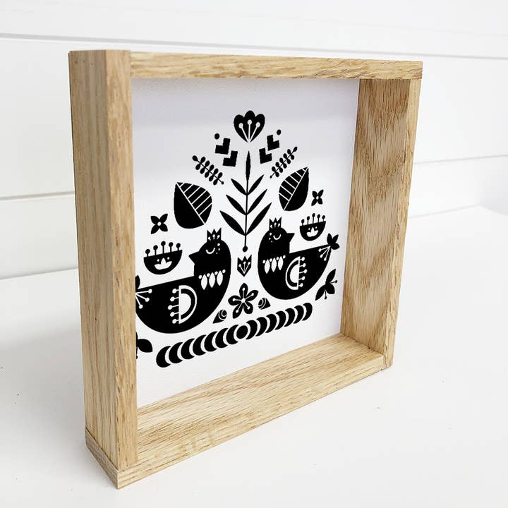 Hangout Home - Wholesale Sign - Folk Art- Black and White Chickens- Small Canvas and Frame